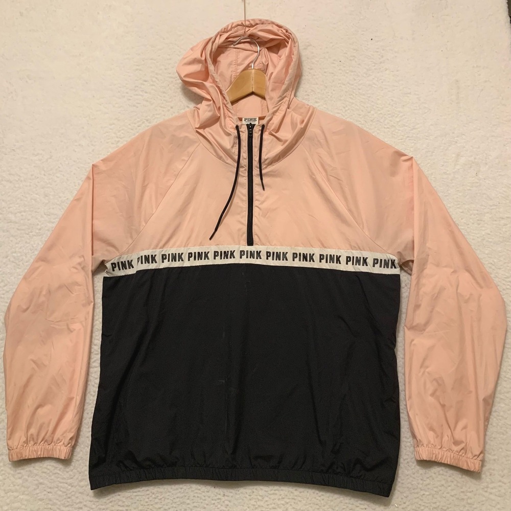 Victoria's Secret PINK Windbreaker 1/4 Zip Hoodie Size M/L Pink Black Colorblock